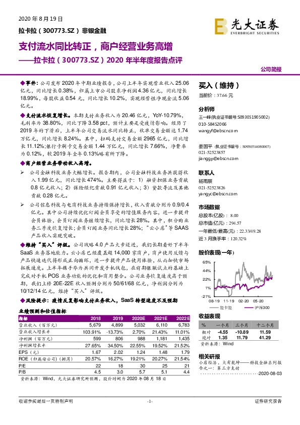 2020年半年度报告点评：支付流水同比转正，商户经营业务高增