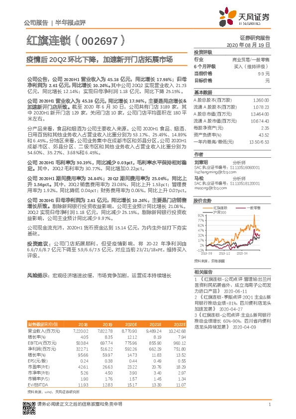 疫情后20Q2环比下降，加速新开门店拓展市场