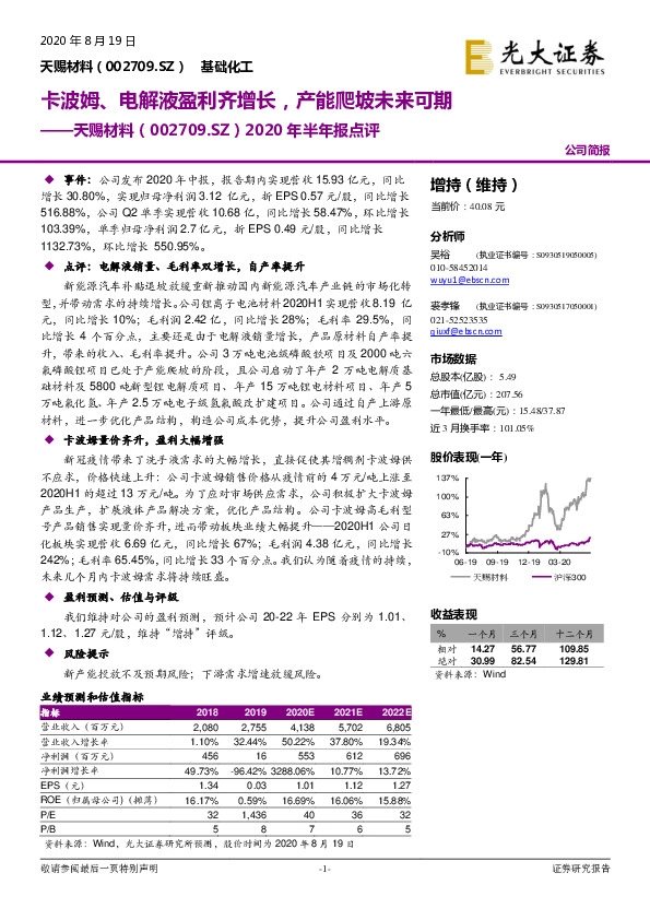 2020年半年报点评：卡波姆、电解液盈利齐增长，产能爬坡未来可期