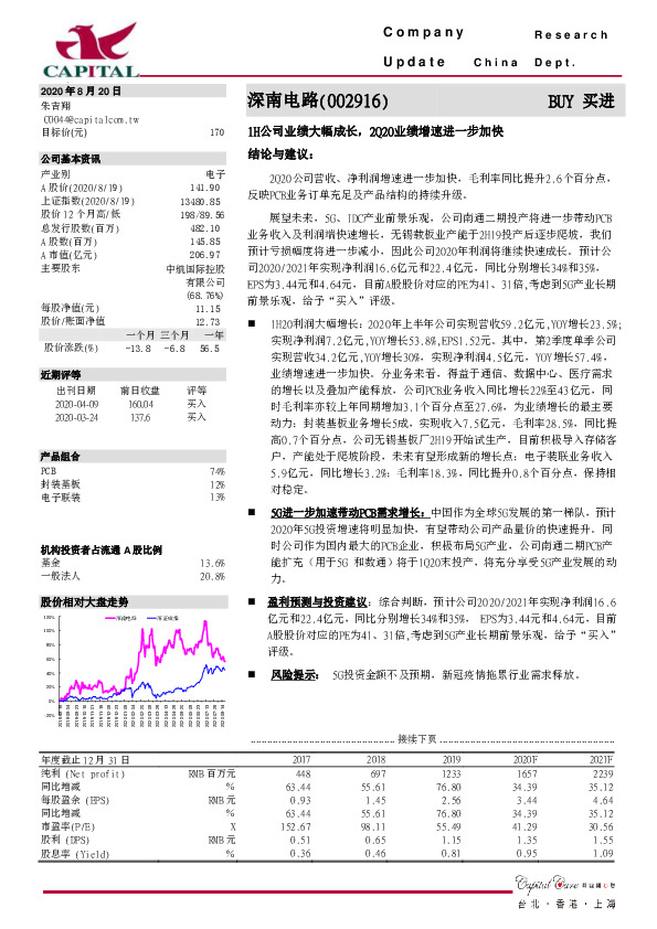 1H公司业绩大幅成长，2Q20业绩增速进一步加快