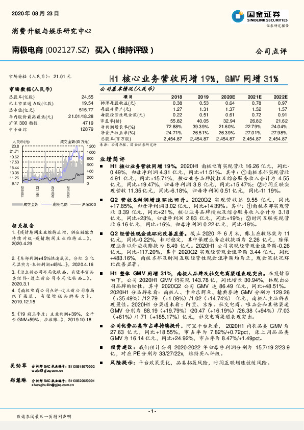 H1核心业务营收同增19%，GMV同增31%