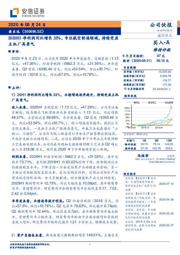 2020H1净利润同比增长32%，专注航空制造领域，持续受益主机厂高景气