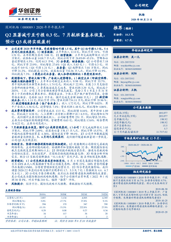 2020年半年报点评：Q2显著减亏至亏损0.3亿，7月航班量基本恢复，预计Q3或将实现盈利