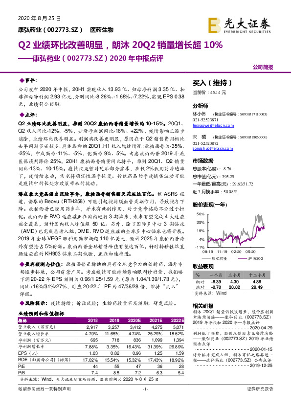 2020年中报点评：Q2业绩环比改善明显，朗沐20Q2销量增长超10%