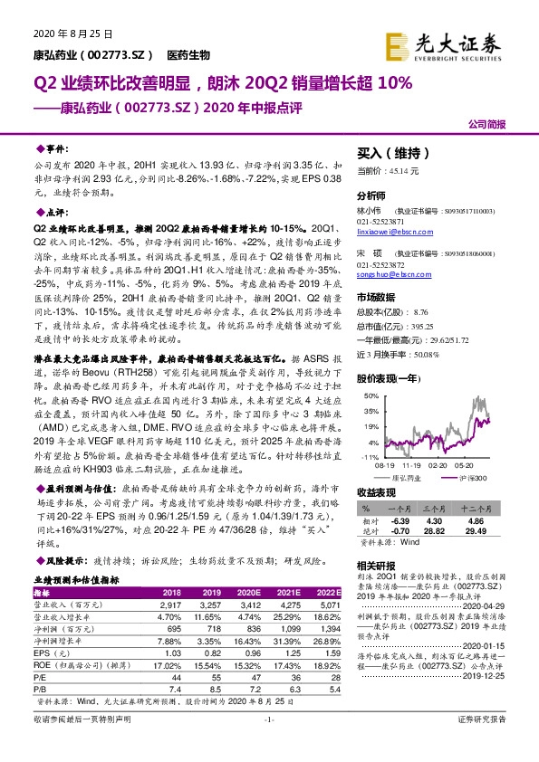 2020年中报点评：Q2业绩环比改善明显，朗沐20Q2销量增长超10%