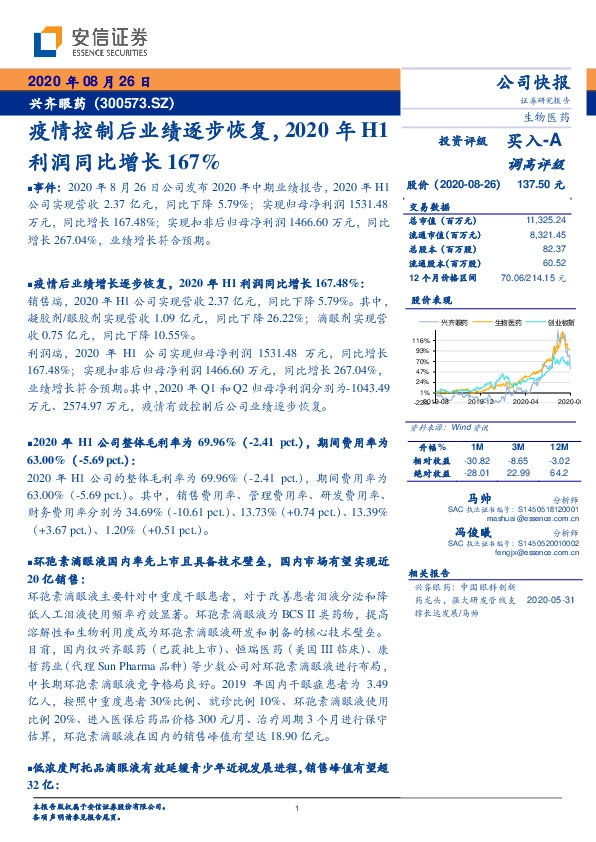 疫情控制后业绩逐步恢复，2020年H1利润同比增长167%