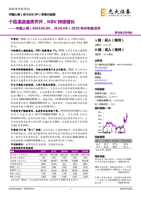 2020年半年报点评：个险渠道量质齐升，NBV持续增长