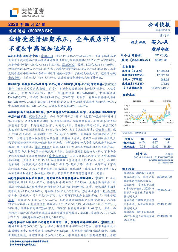 业绩受疫情短期承压，全年展店计划不变&中高端加速布局