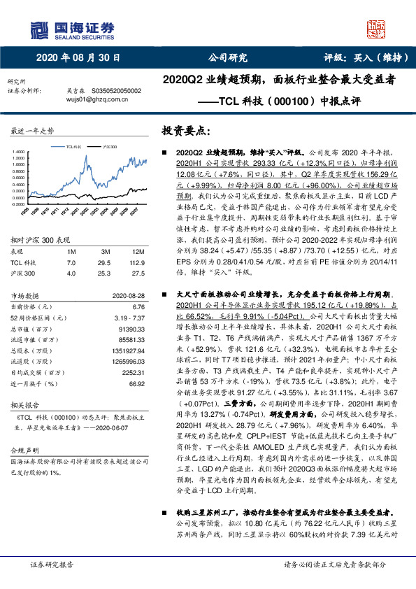 中报点评：2020Q2业绩超预期，面板行业整合最大受益者