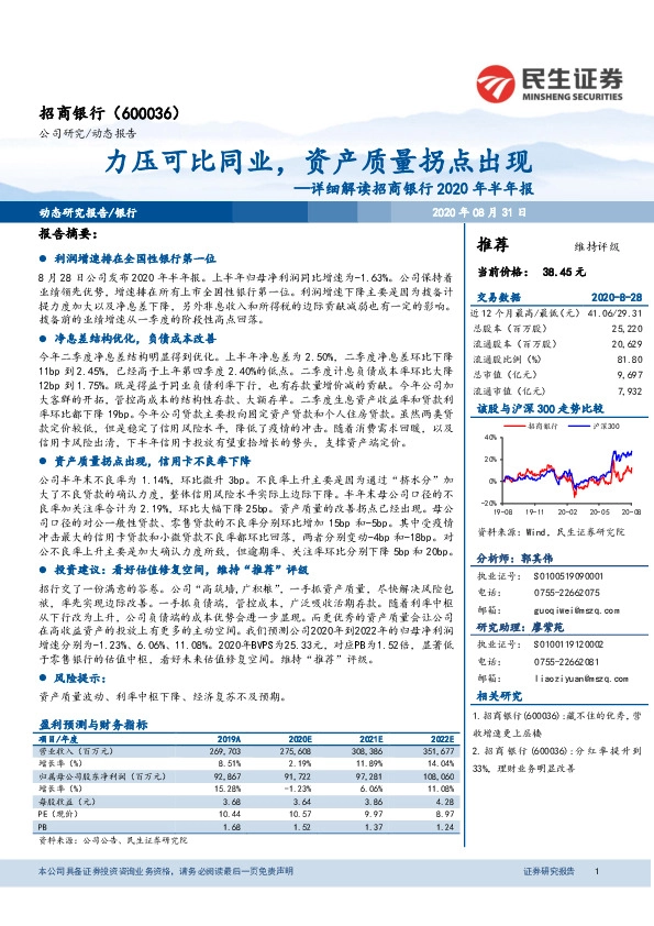 详细解读招商银行2020年半年报：力压可比同业，资产质量拐点出现