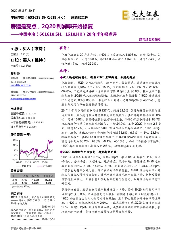 20年半年报点评：房建是亮点，2Q20利润率开始修复