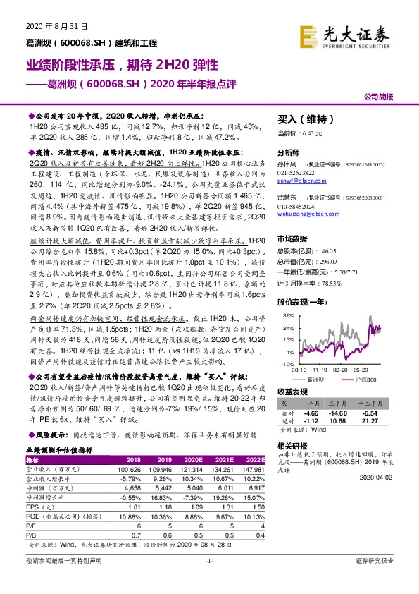 2020年半年报点评：业绩阶段性承压，期待2H20弹性