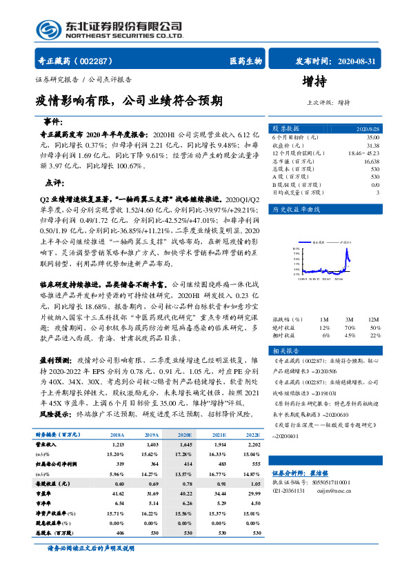 疫情影响有限，公司业绩符合预期