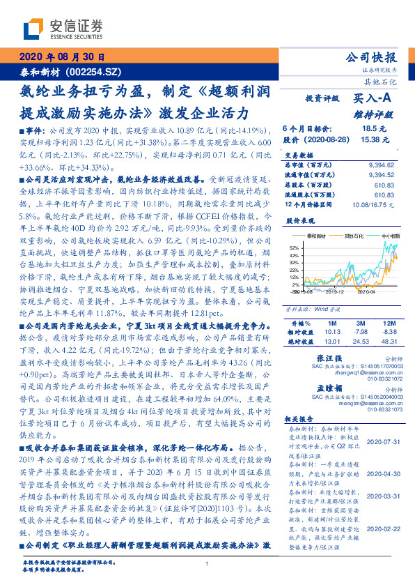 氨纶业务扭亏为盈，制定《超额利润提成激励实施办法》激发企业活力