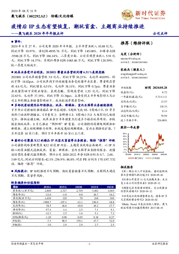 奥飞娱乐2020年半年报点评：疫情后IP生态有望恢复，潮玩盲盒、主题商业持续推进