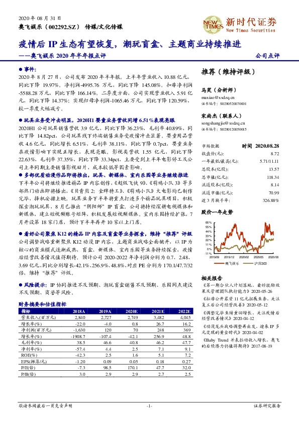 奥飞娱乐2020年半年报点评：疫情后IP生态有望恢复，潮玩盲盒、主题商业持续推进