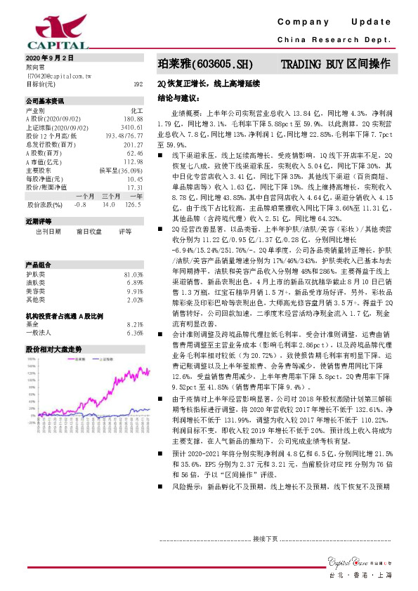 2Q恢复正增长，线上高增延续