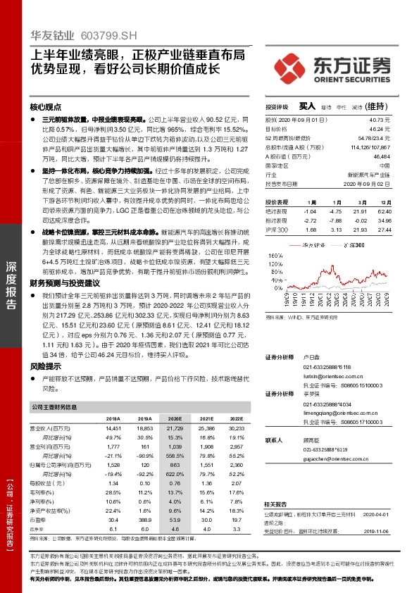 上半年业绩亮眼，正极产业链垂直布局优势显现，看好公司长期价值成长