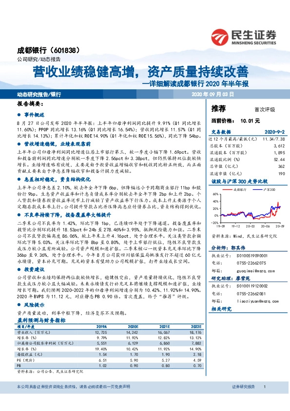 详细解读成都银行2020年半年报：营收业绩稳健高增，资产质量持续改善