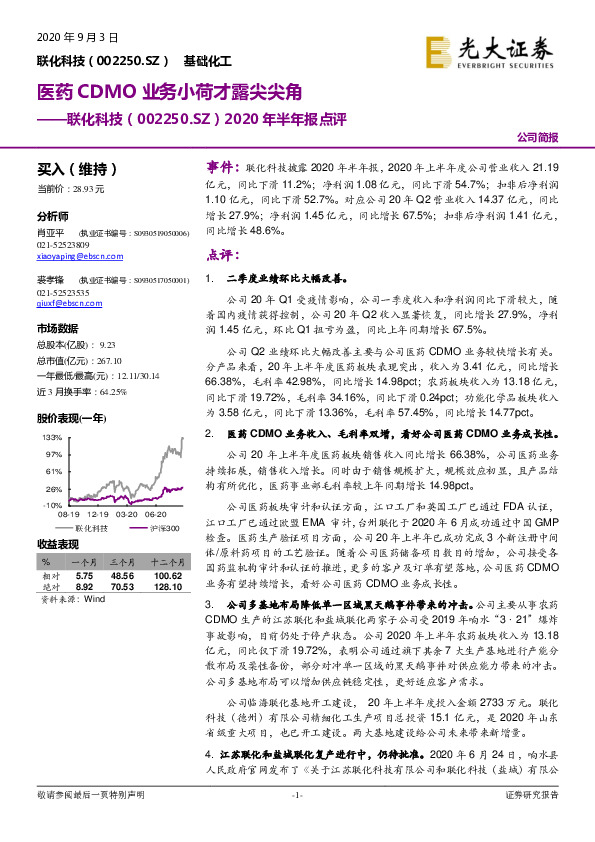 2020年半年报点评：医药CDMO业务小荷才露尖尖角