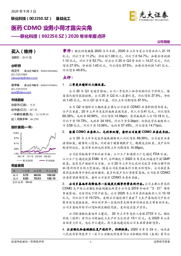 2020年半年报点评：医药CDMO业务小荷才露尖尖角