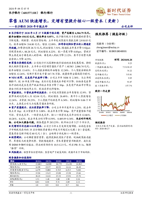 长沙银行2020年中报点评：零售AUM快速增长，定增有望提升核心一级资本（更新）