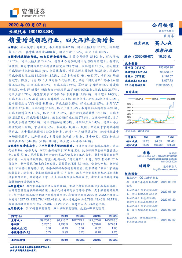 销量增速领跑行业，四大品牌全面增长