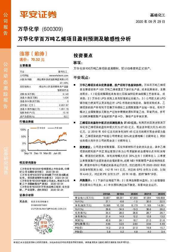 万华化学百万吨乙烯项目盈利预测及敏感性分析