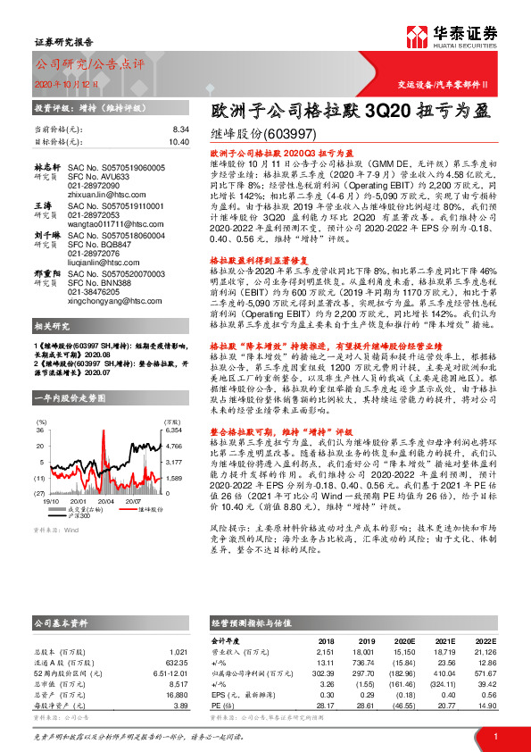 欧洲子公司格拉默3Q20扭亏为盈