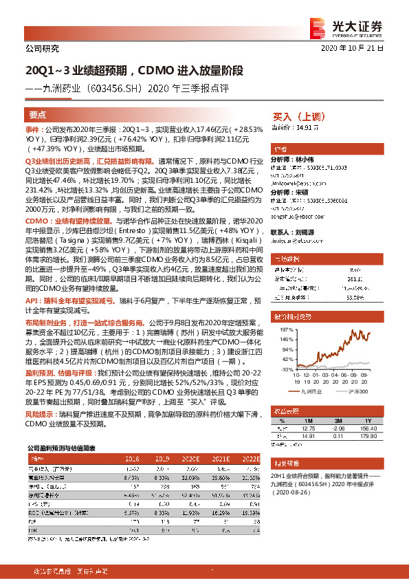 2020年三季报点评：20Q1~3业绩超预期，CDMO进入放量阶段