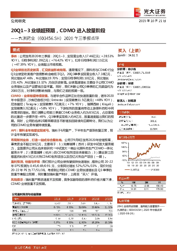 2020年三季报点评：20Q1~3业绩超预期，CDMO进入放量阶段