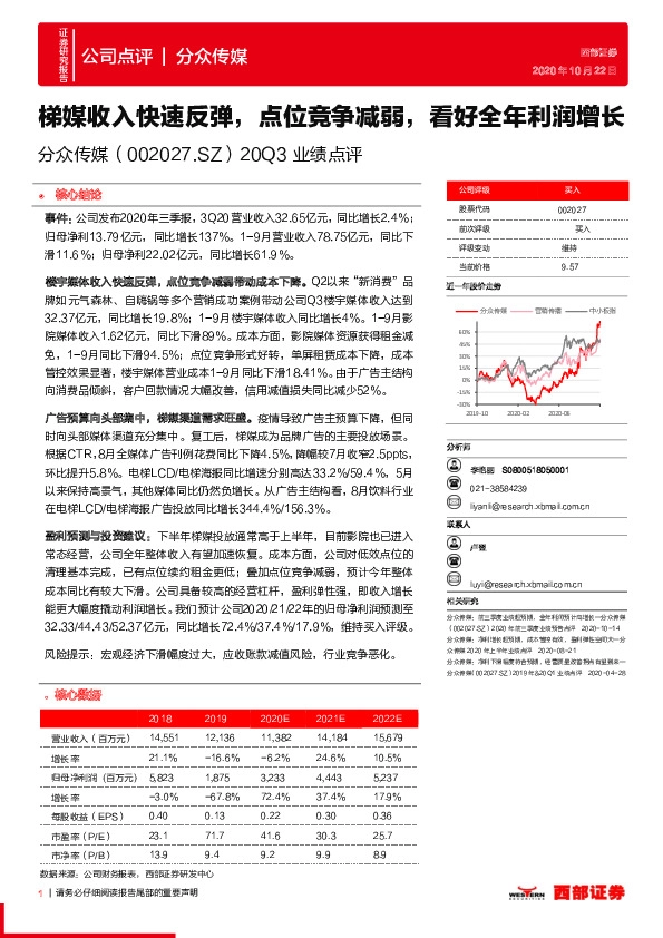 20Q3业绩点评：梯媒收入快速反弹，点位竞争减弱，看好全年利润增长