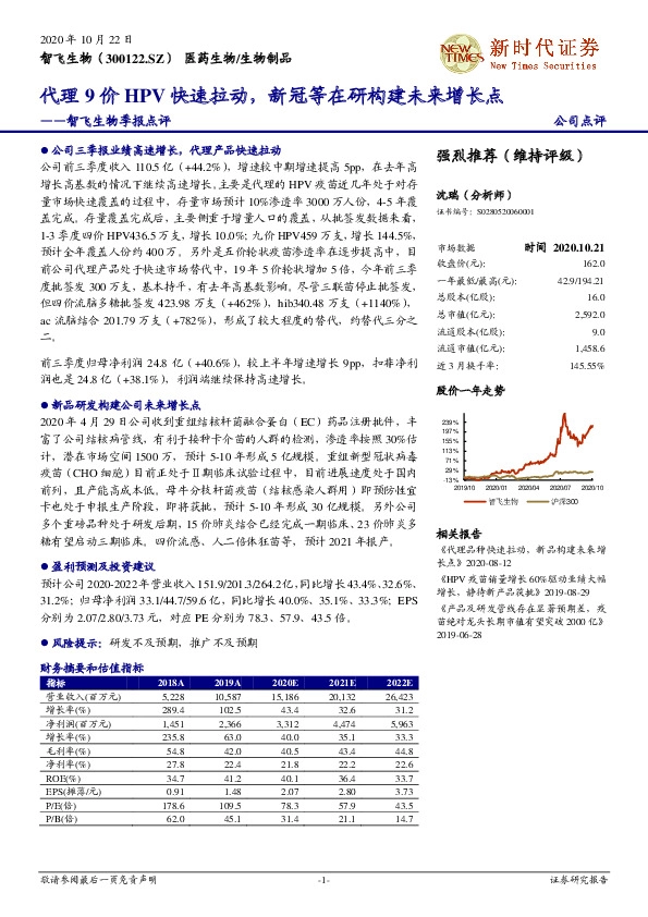 智飞生物季报点评：代理9价HPV快速拉动，新冠等在研构建未来增长点