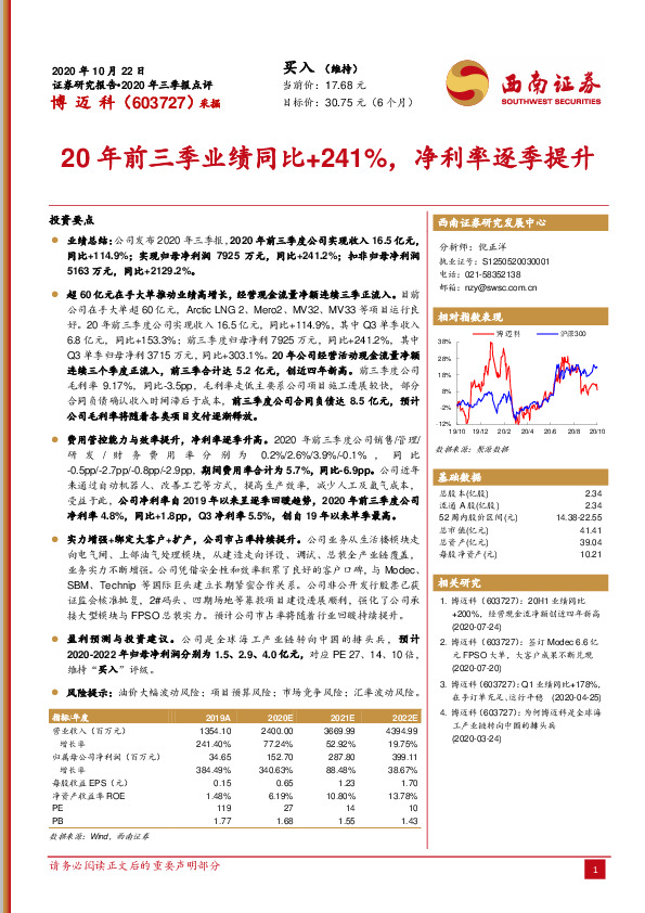 20年前三季业绩同比+241%，净利率逐季提升