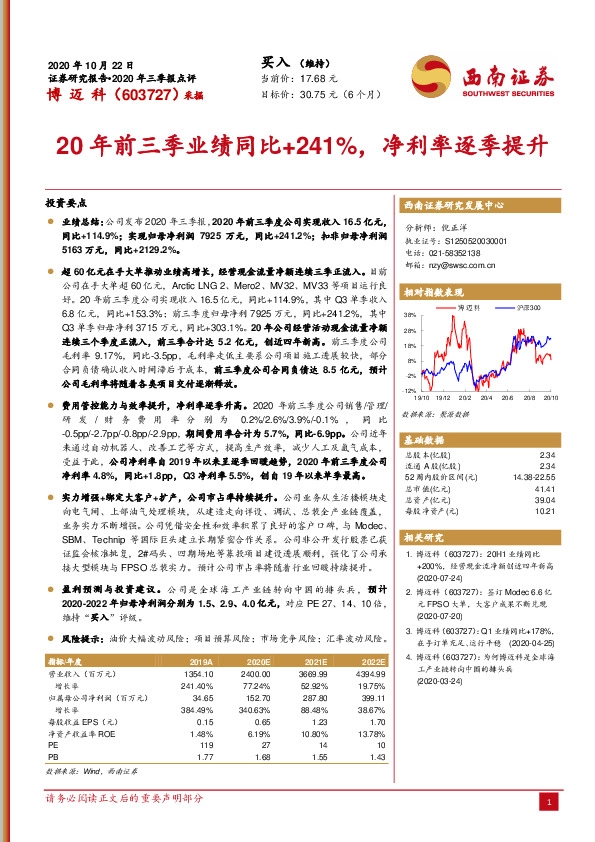 20年前三季业绩同比+241%，净利率逐季提升