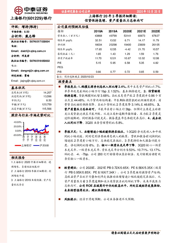 上海银行20年3季报详细解读：信贷保持高增，资产质量压力总体尚可