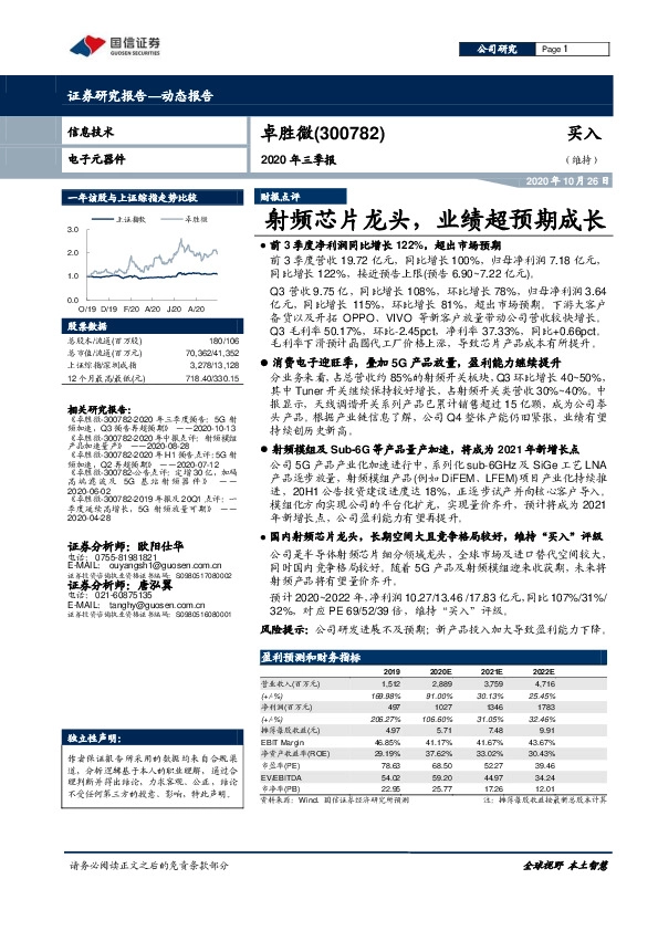 2020年三季报：射频芯片龙头，业绩超预期成长