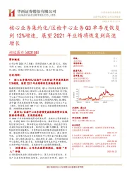 核心业务集约化/区检中心业务Q3单季度恢复到12%增速，展望2021年业绩将恢复到高速增长