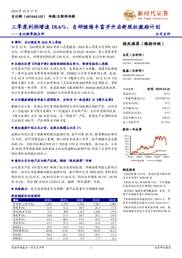 吉比特季报点评：三季度利润增速18.6%，自研继续丰富并开启新股权激励计划