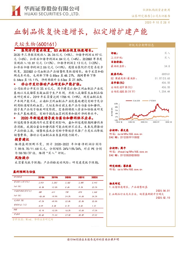 血制品恢复快速增长，拟定增扩建产能