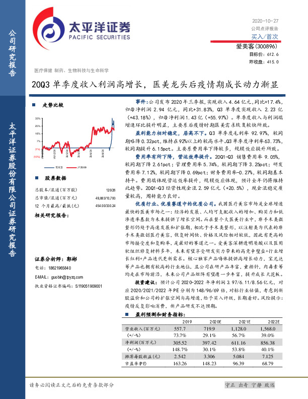 20Q3单季度收入利润高增长，医美龙头后疫情期成长动力渐显