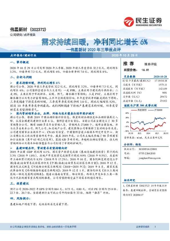 伟星新材2020年三季报点评：需求持续回暖，净利同比增长6%