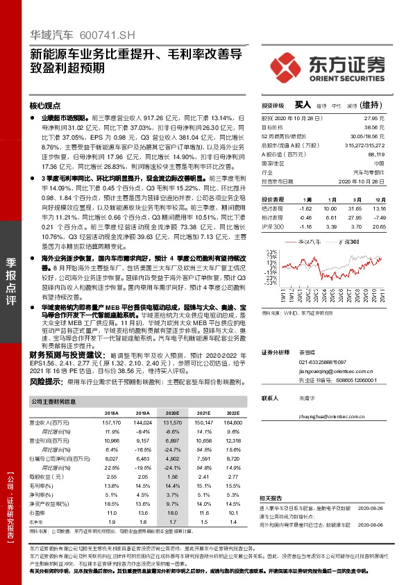 新能源车业务比重提升、毛利率改善导致盈利超预期
