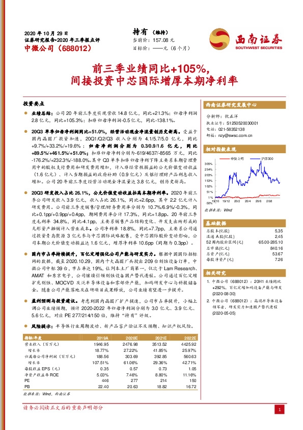 前三季业绩同比+105%，间接投资中芯国际增厚本期净利率