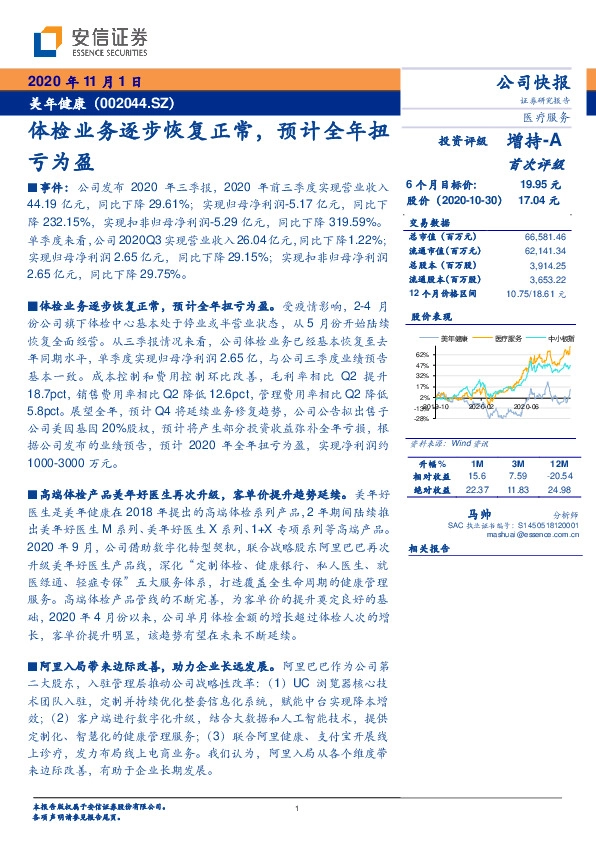 体检业务逐步恢复正常，预计全年扭亏为盈