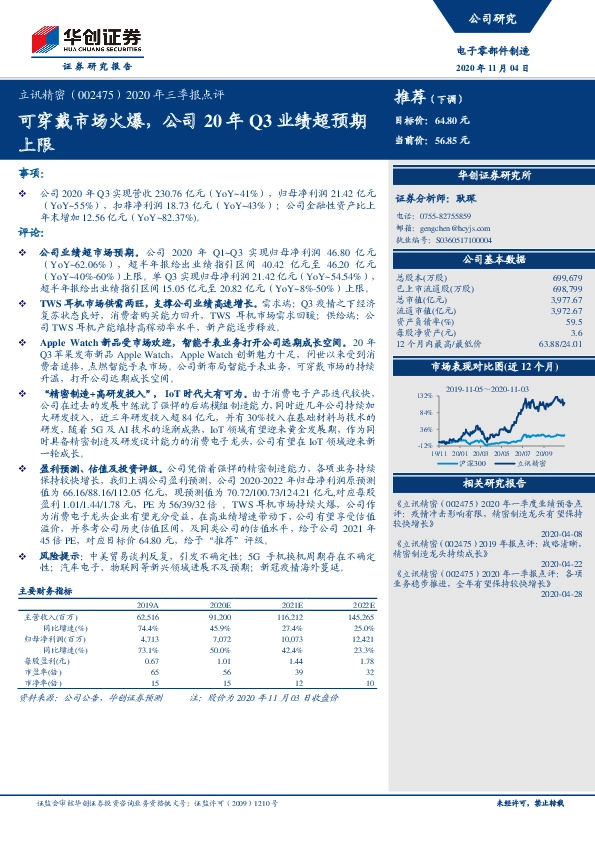 2020年三季报点评：可穿戴市场火爆，公司20年Q3业绩超预期上限