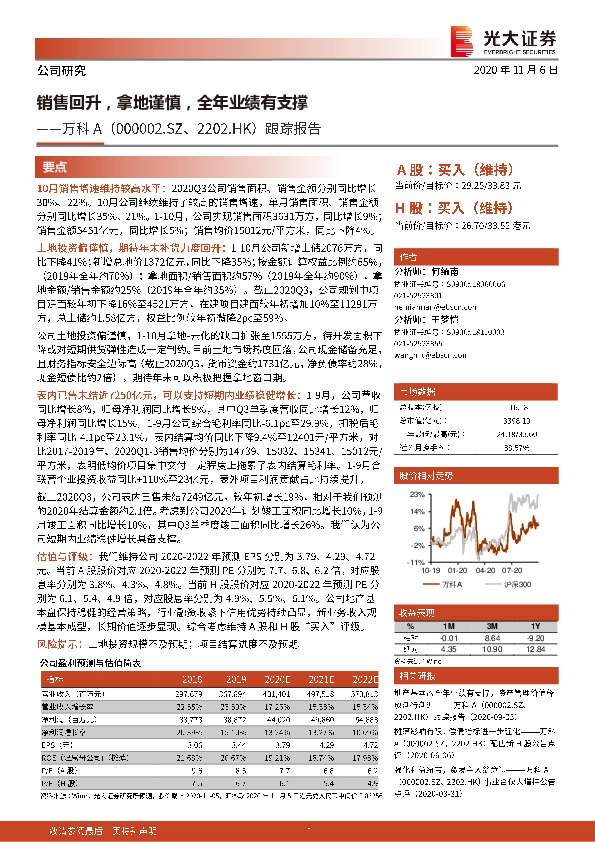 跟踪报告：销售回升，拿地谨慎，全年业绩有支撑