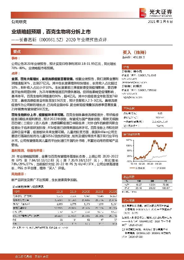 2020年业绩预告点评：业绩略超预期，百克生物将分拆上市