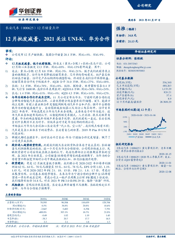 12月销量点评：12月批发减量，2021关注UNI-K、华为合作