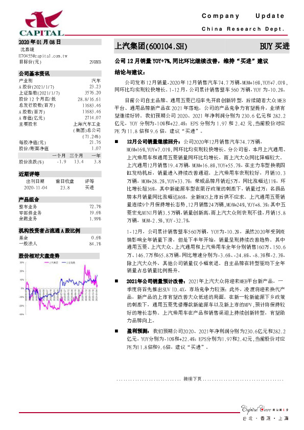公司12月销量YOY+7%,同比环比继续改善，维持“买进”建议